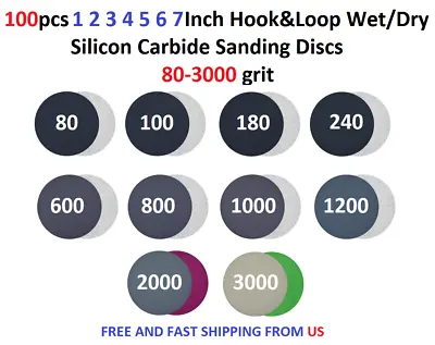 100pcs 1 2 3 4 5 6 7  Hook&Loop WetDry Silicon Carbide Sanding Disc 80-3000 Grit • $69.99