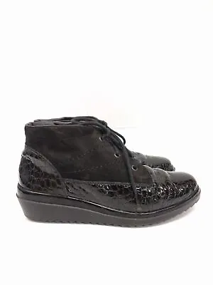 80s Vintage Ladies Suede PVC Leather Black Lace Up Ankle Boots Size 7 • $39