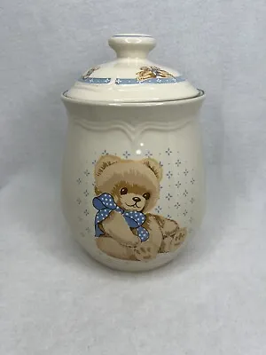 Vintage Tienshan Stoneware Teddy Bear Cookie Jar Large Cannister W/ Lid 10inch • $18