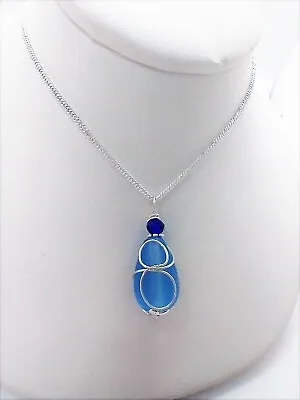 Cobalt Blue  Loop  Sea Glass Pendant Silver Snake Chain Necklace 18 Inch • $13.99