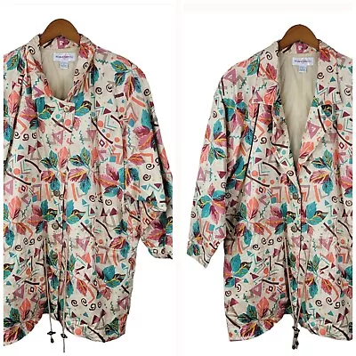 Vintage Silk Satin Bomber Jacket Plus Size 1X 16/18 Coat Geometric Leaf Print • $26.39