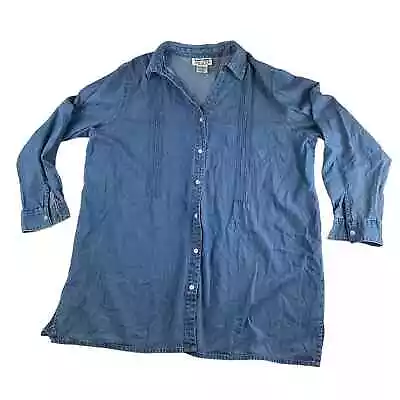 Vintage Cotton Denim Blue Jean Collared Long Sleeve Blouse Shirt L • $20