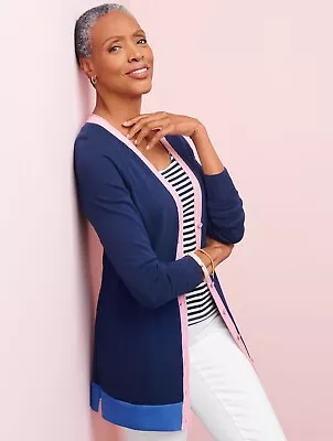 Nwt $90 Talbots Indigo Navy Blue/pink Tipped Girlfriend  Cardigan Sweater Medium • $29