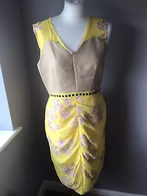 Olivia Rubin Yellow Beige Floral Embellished Silk Dress Size 12 Nwot • £15.99