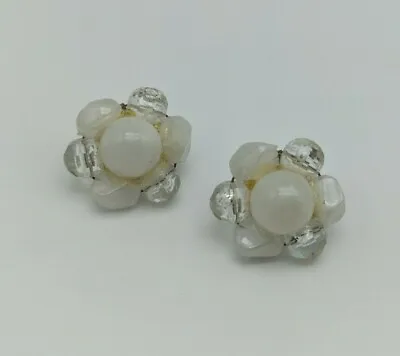 Vintage Swirly White & Clear Plastic Beaded Flower Cluster Clip On Earrings • $4.99