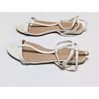 Zara BASIC Flat White Leather T-strap Sandals With Studs Size 6 • £31.81