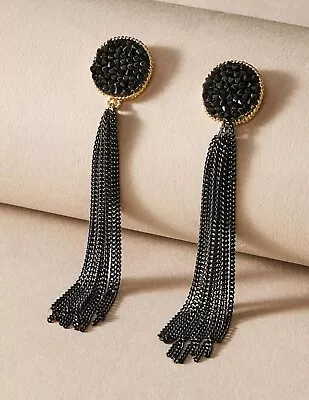 Rhinestone Decor Black Tassel Drop Earrings Gift For Women Long Costume Jewelry • £3.49