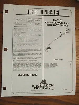 Used Mcculloch Mac 65 Eager Beaver Super String Trimmer Parts List Dec 1989 • $8.65