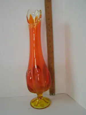 Tall Viking Glass Swung Vase - Epic 6 Petal Dimple - Orange Persimmon W/ Yellow • $60