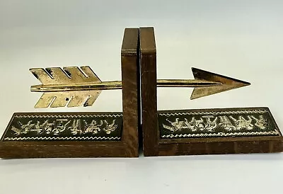 Vintage Gold Arrow Bookends W/Spartan Soldiers Wood & Metal Made In JAPAN  NEAT! • $41