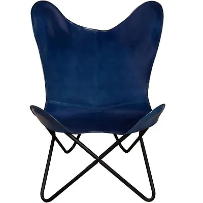 Handmade Vintage Corium Antique Blue Leather Butterfly Chair With Iron Frame • $140