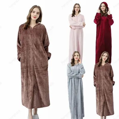 Ladies Long Robes Hooded Dressing Gown Bath Robe Warm Soft Womens Fleece Zip UK • £25.61