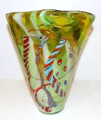 Gorgeous Viz Hand Blown Art Glass Millefiori Green White Blue Red 10 1/2  Vase • $124.99