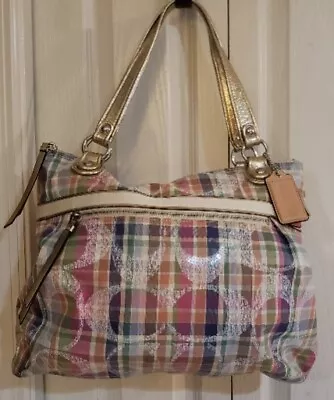 COACH Poppy Multi Madras Signature Pastel Plaid Sequins Tote Shoulder Bag EUC • $88.88