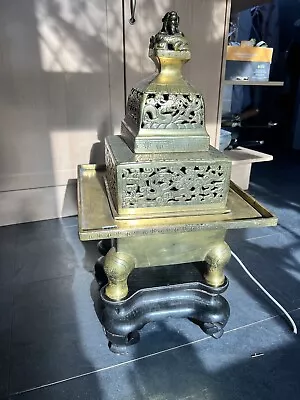 Super Large Rare Qing Dynasty Chinese Carved Bronze Censer & Cover On Wood Stand • $126.82