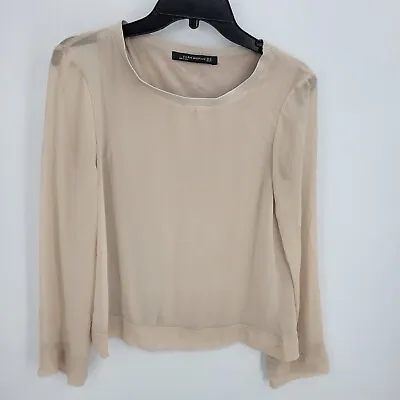 Zara Woman Sweater XS Blush Nude Sheer Sleeve Scoop Neck Pullover Blouse • $15.30