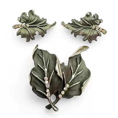 Vintage BSK Green Enamel AB Rhinestone Leaves Brooch & Clip On Earrings Set • $14.99