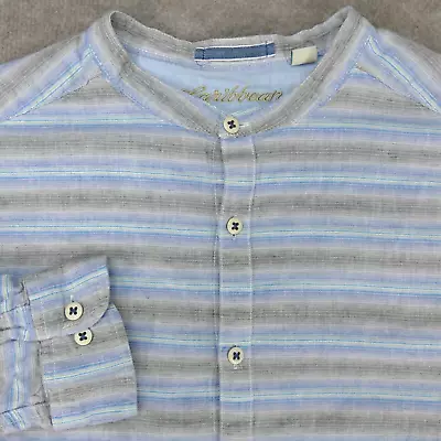 Caribbean Shirt Mens 2XB Blue Striped Linen Button Mandarin Collar Long Sleeve  • $16.14