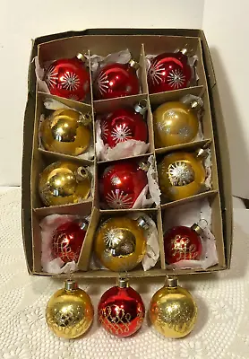 $15 • Buy 15 Vintage Pyramid Rauch Christmas Ball Ornament Gold Glitter Glass 2.25 & 1.75