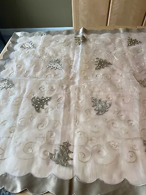 Vintage Embroidered Gold Christmas Tree Table 34  Square Sheer Table Cover • $22.49