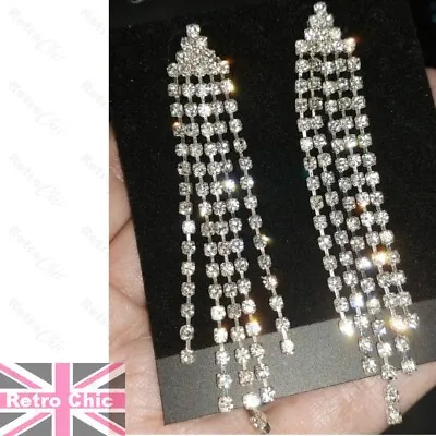 8cm Long CRYSTAL CHANDELIER EARRINGS Glass Rhinestone Dangle SILVER TONE Sparkly • £3.88