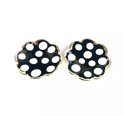 Mod Black And White Enamel Polka Dot Earrings Vintage Retro Flower Clip Ons 60s • £14.48