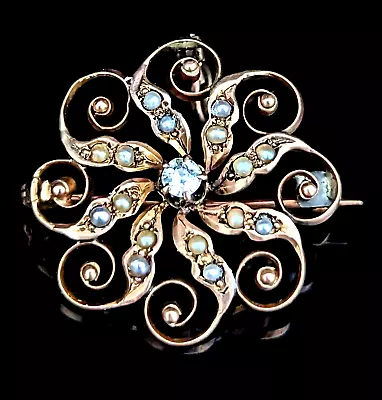 Antique Old Euro Diamond Seed Pearl 14k Yellow Gold  Pinwheel Brooch Pendant FOB • $286