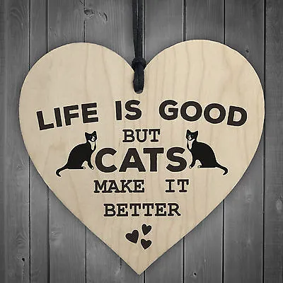 £3.99 • Buy Cats Make Life Better Wooden Hanging Heart Plaque Cat Lovers Owner Home Pet Sign
