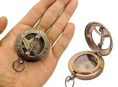 Brass Sundial Compass Vintage Pocket Style Nautical Keychain Pendant Gold • $18.10