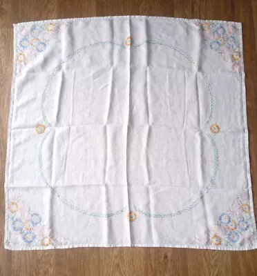 Vintage Hand Embroidered Beautiful White Linen Tray Cloth 32  X 32  Inches • $8.71