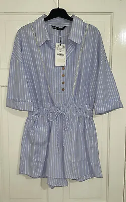 Zara Blue Striped Collared Short Playsuit With Lace Trim Patch Pockets Size S • £29.99