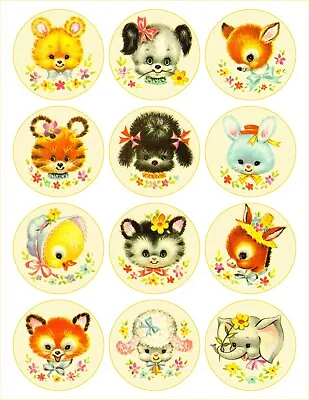 Vintage Retro Baby Animal 2.5 Inch Circle Crafting STICKERS - Just Cut & Use! • $3.60