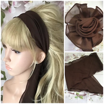 £3.99 • Buy Brown Chiffon Scarf Rosette Hair Clip Brooch Set Fabric Headband Neck Tie Bow