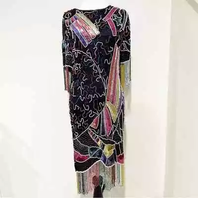 Nelly's Vintage 1980's Heavy Beaded & Sequined Pure Silk Dress Size Large • $54.65