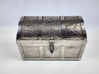 Vintage Silver Tone Metal Treasures Chest Trinket Box Lockable 6  Wide • $29.99
