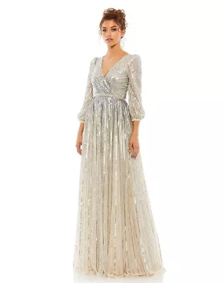 $595 Mac Duggal Sequined Wrapover 3/4 Sleeve Gown Silver Nude Sz 12 • $345