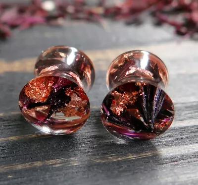 Black Cornflower Ear Plugs Rose Gold Gauges And Tunnels 2g 0g 00g Double Flared • $32.40
