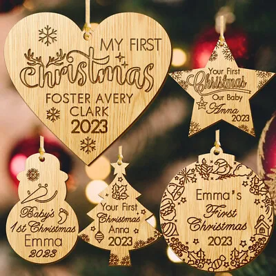Baby's First Christmas Bauble Personalised Wood Xmas Tree Ornaments Custom Gift • £3.99