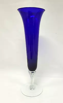 Cobalt Blue Art Glass Trumpet Vase (24cm Tall) On Clear Pedestal. • $29.95