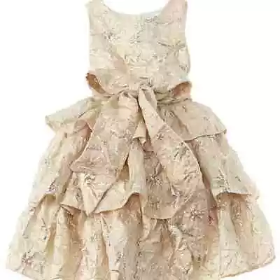 $990 NEW Oscar De La Renta Girls Tiered Metallic Jacquard Dress Champagne 6Y • £263.55