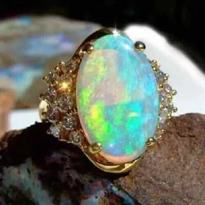 4.50Ct Oval Cut Opal Halo Vintage Engagement Ring 14K Yellow Gold Plated • $112
