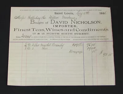 #168 - 1886 DAVID NICHOLSON St Louis / DILLON MONTANA TERR Billhead BLUE BEER • $9.95