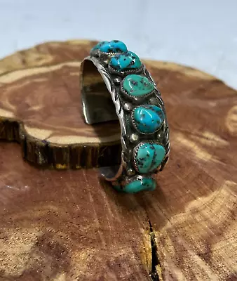 Vintage Native American Navajo 10 Turquoise Nugget Sterling Silver Cuff Bracelet • $389.99