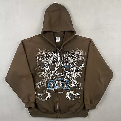 VINTAGE MMA Elite Hoodie Mens XL Brown Faded Skull Full Zip Y2K Grunge Pinkman • $96