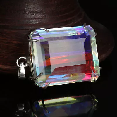 Mystic Topaz 925 Silver Emerald Cut Fine Pendant 61 Carat Hydrothermal For Beach • $47.77