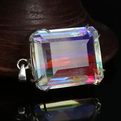 Mystic Topaz 925 Silver Emerald Cut Fine Pendant 73 Carat Hydrothermal For Party • $50.04