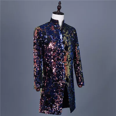 Men Shiny Sequin Long Suit Jacket Party Showman Stand Collar Coat Dress Tops • $82.08