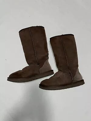 UGG Classic Tall Boots  Brown Leather Outer Sheepskin Lining Australia Size 5 • $26.99