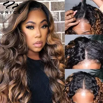 Mongolian Ombre Highlight Balayage Brown Body Wave V Part Lace Human Hair Wig US • $235.54