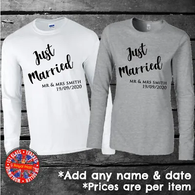 Just Married Matching Personalised Long Sleeve T-shirts Couples Set Wedding  • £11.99